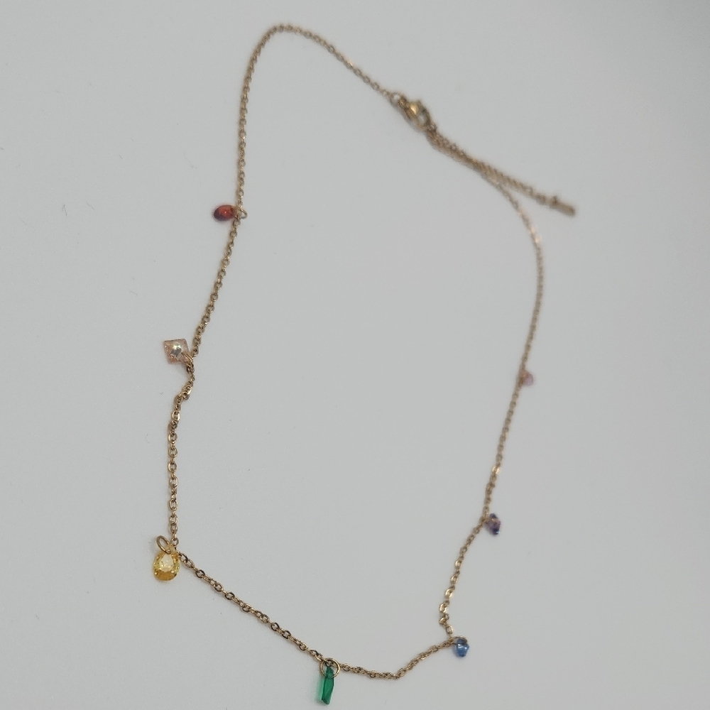 Elegant Gold Multicolor Simulated Gemstone Necklace, 18k Gold Plated SS - Picture 6 of 10